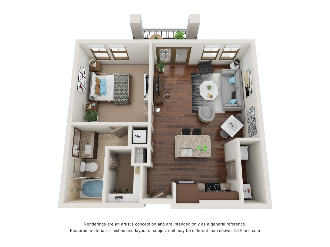 Floor plan for 1 bed, 1 bath, 701 sqft